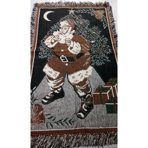 Vintage Heavy cotton knit Green Browns Christmas wall hanging & throw 29x47"